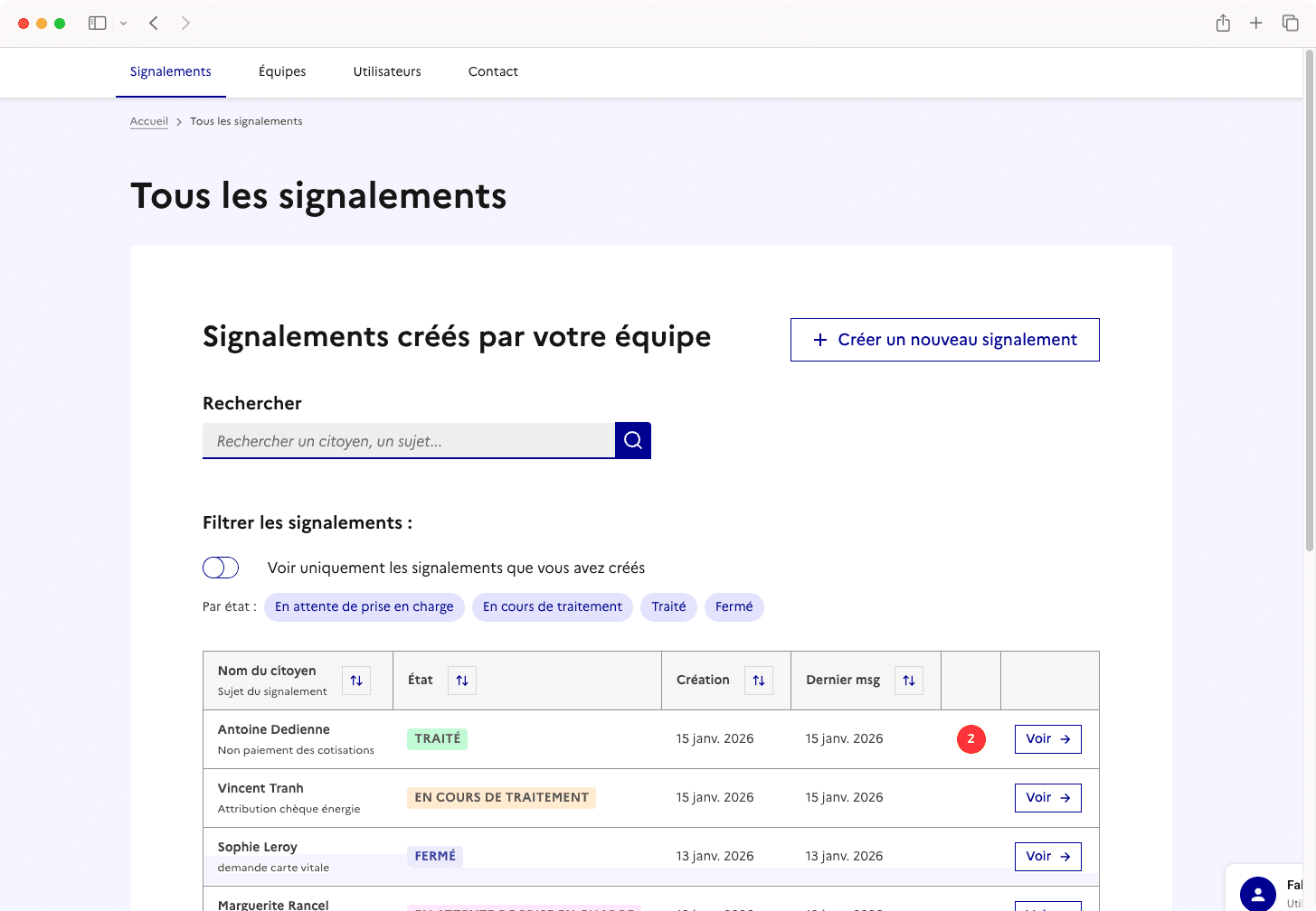 Vue de tous les signalements avec leur état et les actions possibles