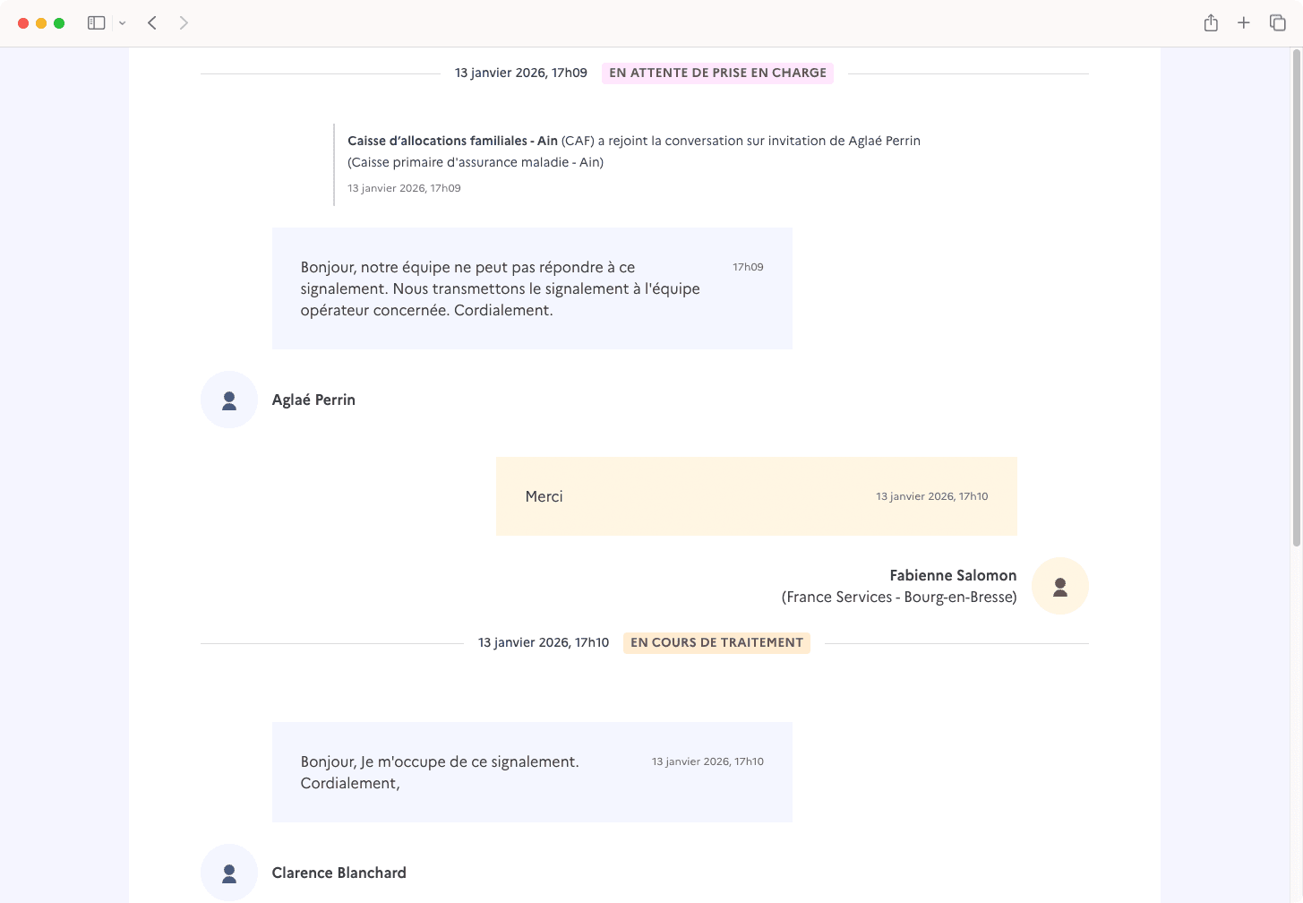 Conversation entre les agents sur un signalement en cours de traitement